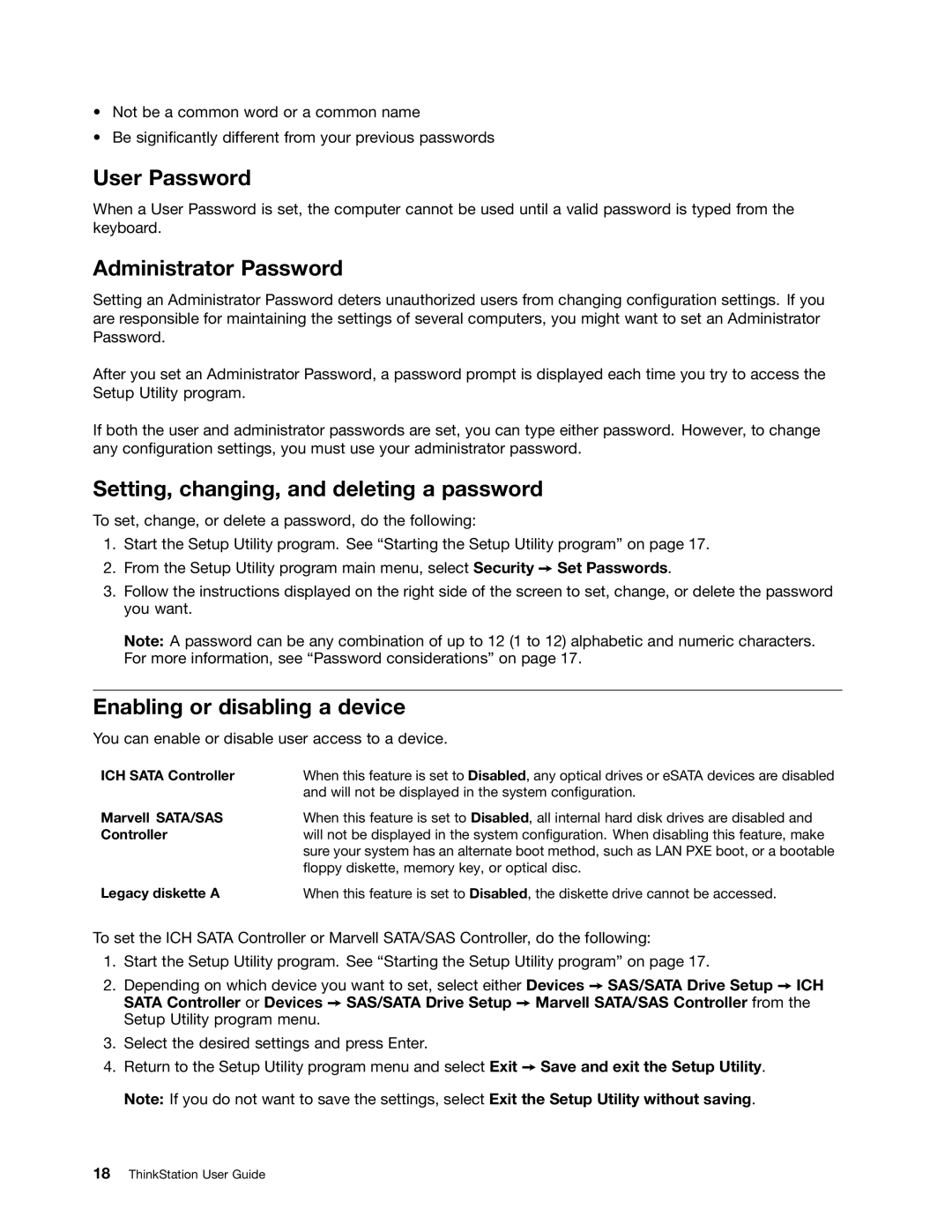 Lenovo 4105, 4157VJU, 4217 manual User Password, Administrator Password, Setting, changing, and deleting a password 