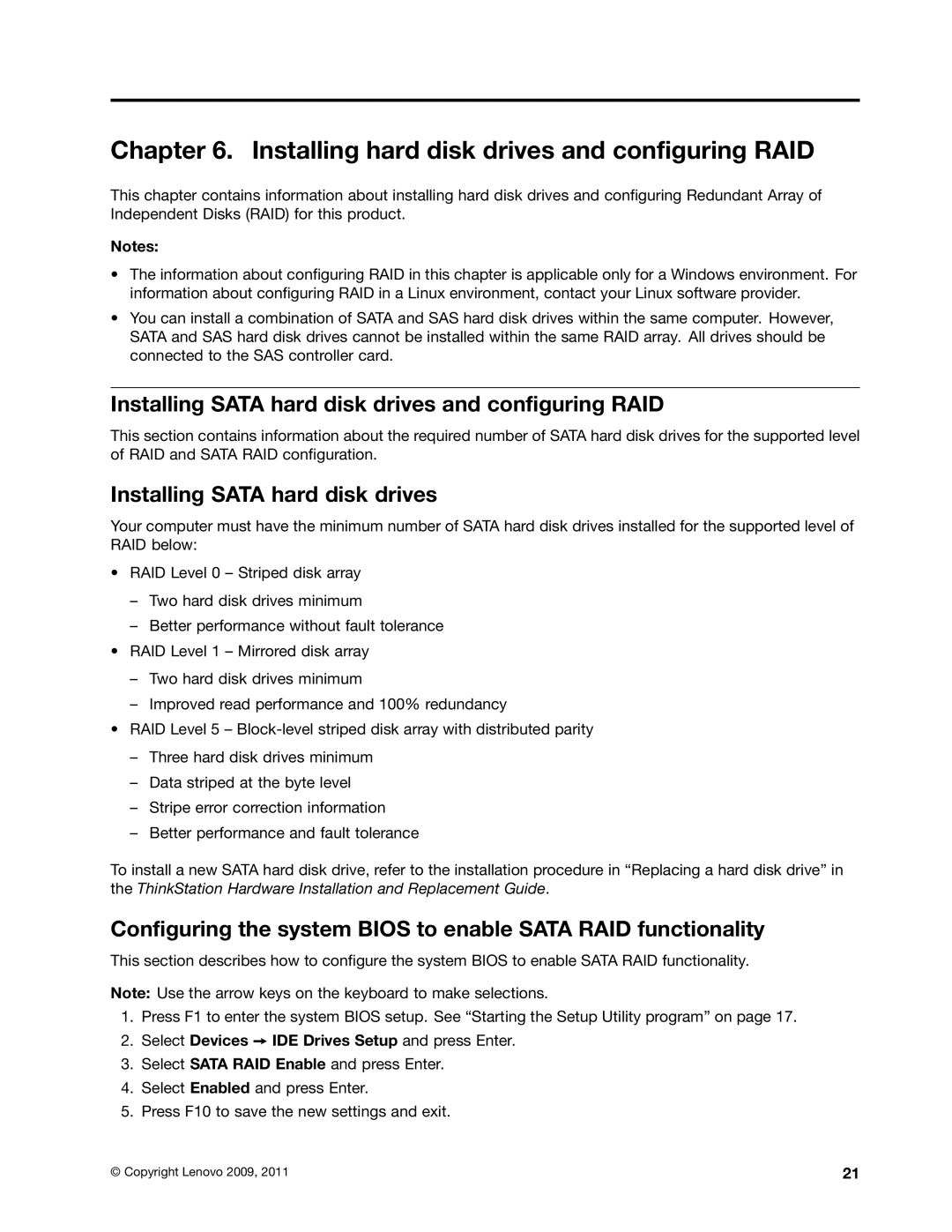 Lenovo 4217, 4157 Installing hard disk drives and configuring RAID, Installing Sata hard disk drives and configuring RAID 