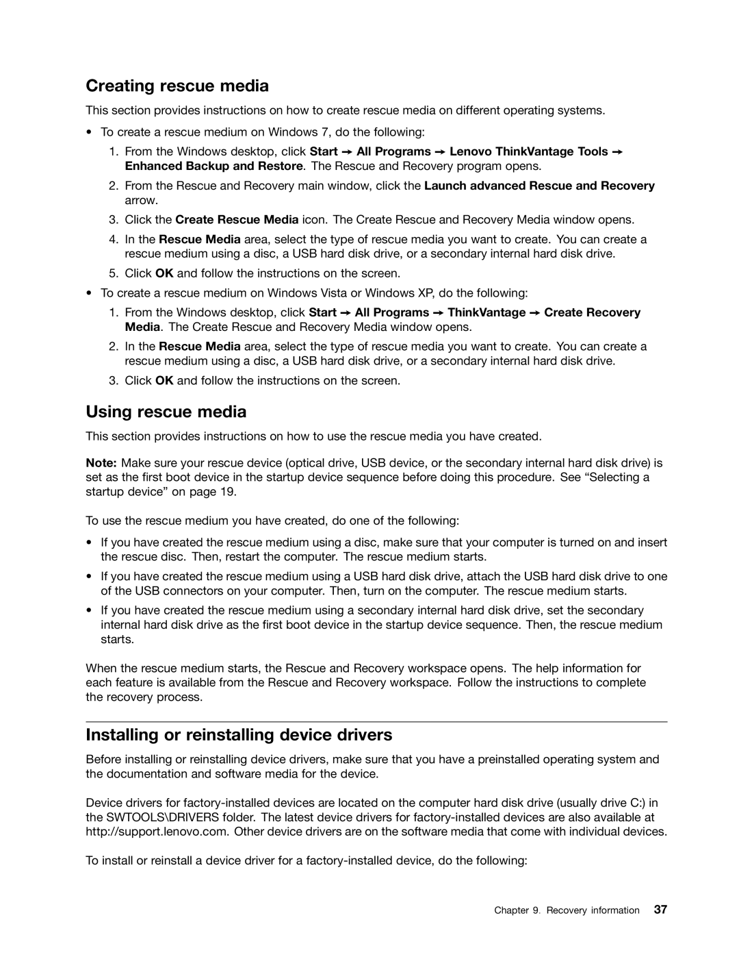 Lenovo 4217, 4105, 4157VJU manual Creating rescue media, Using rescue media, Installing or reinstalling device drivers 