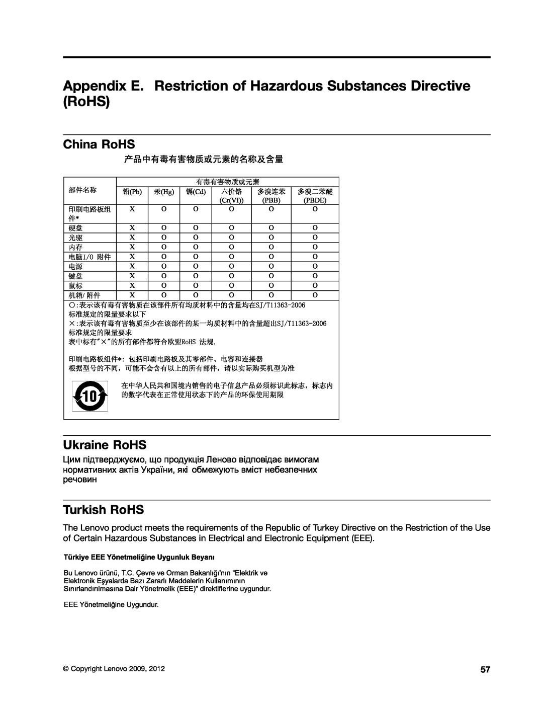Lenovo 4157, 4105 Appendix E. Restriction of Hazardous Substances Directive RoHS, China RoHS Ukraine RoHS Turkish RoHS 