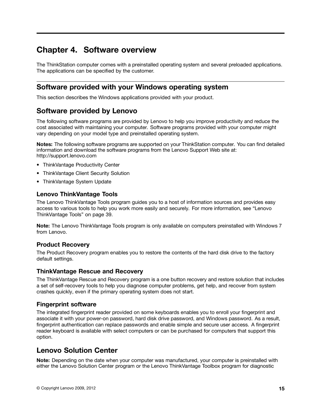 Lenovo 4157, 4105 Software overview, Software provided with your Windows operating system, Software provided by Lenovo 