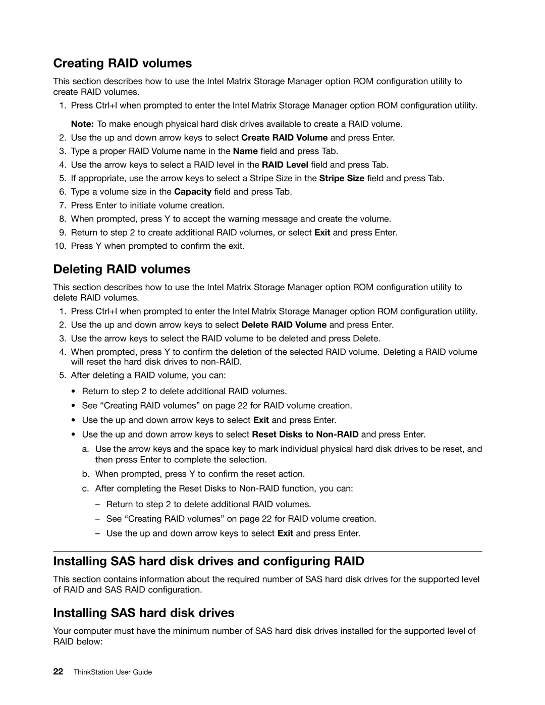 Lenovo 4105, 4157, 4217 Creating RAID volumes, Deleting RAID volumes, Installing SAS hard disk drives and configuring RAID 