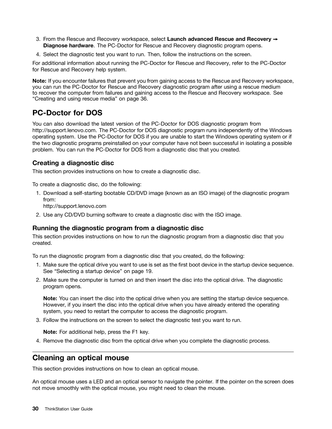 Lenovo 4157, 4105, 4217 manual PC-Doctor for DOS, Cleaning an optical mouse 