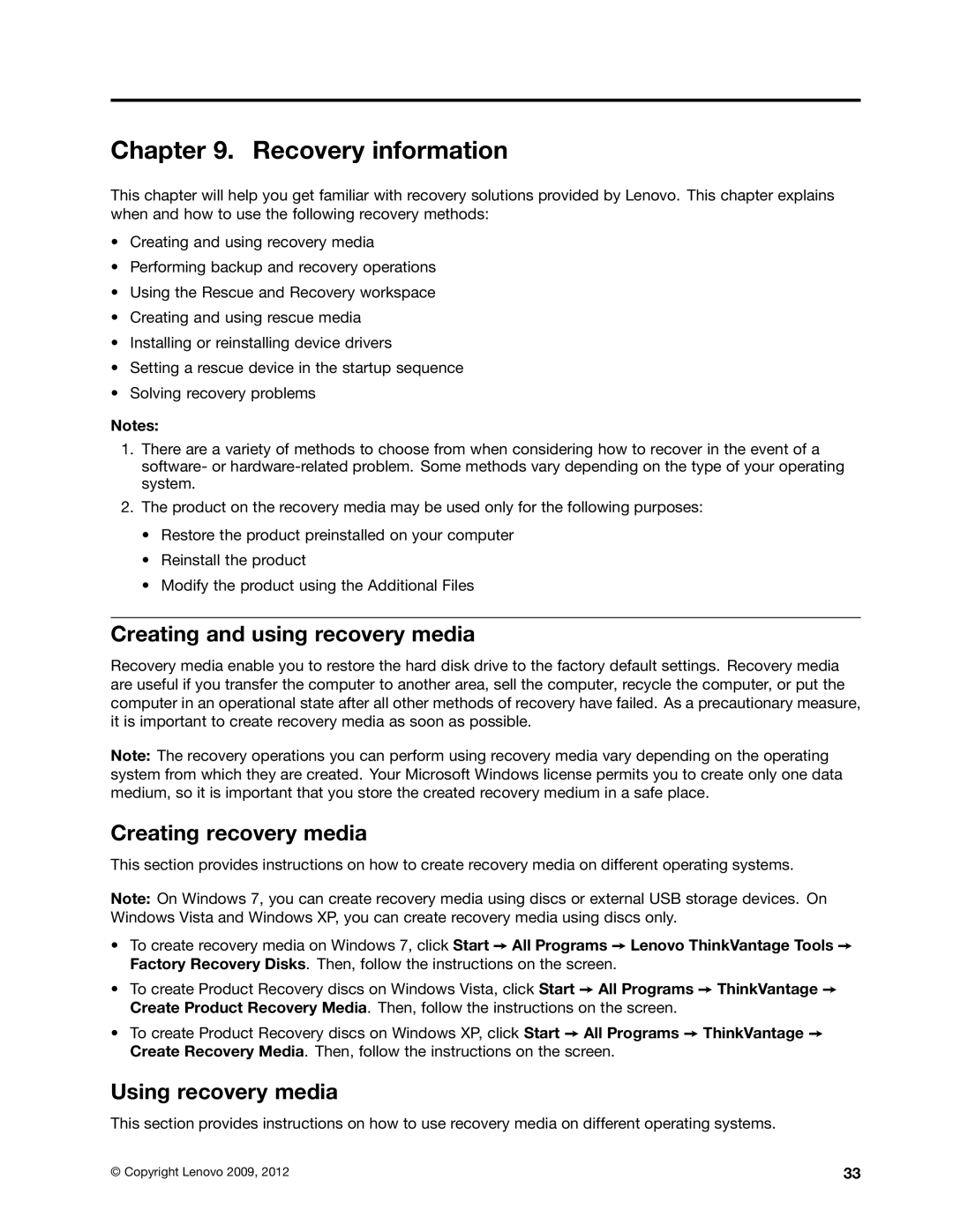 Lenovo 4157, 4105 Recovery information, Creating and using recovery media, Creating recovery media, Using recovery media 