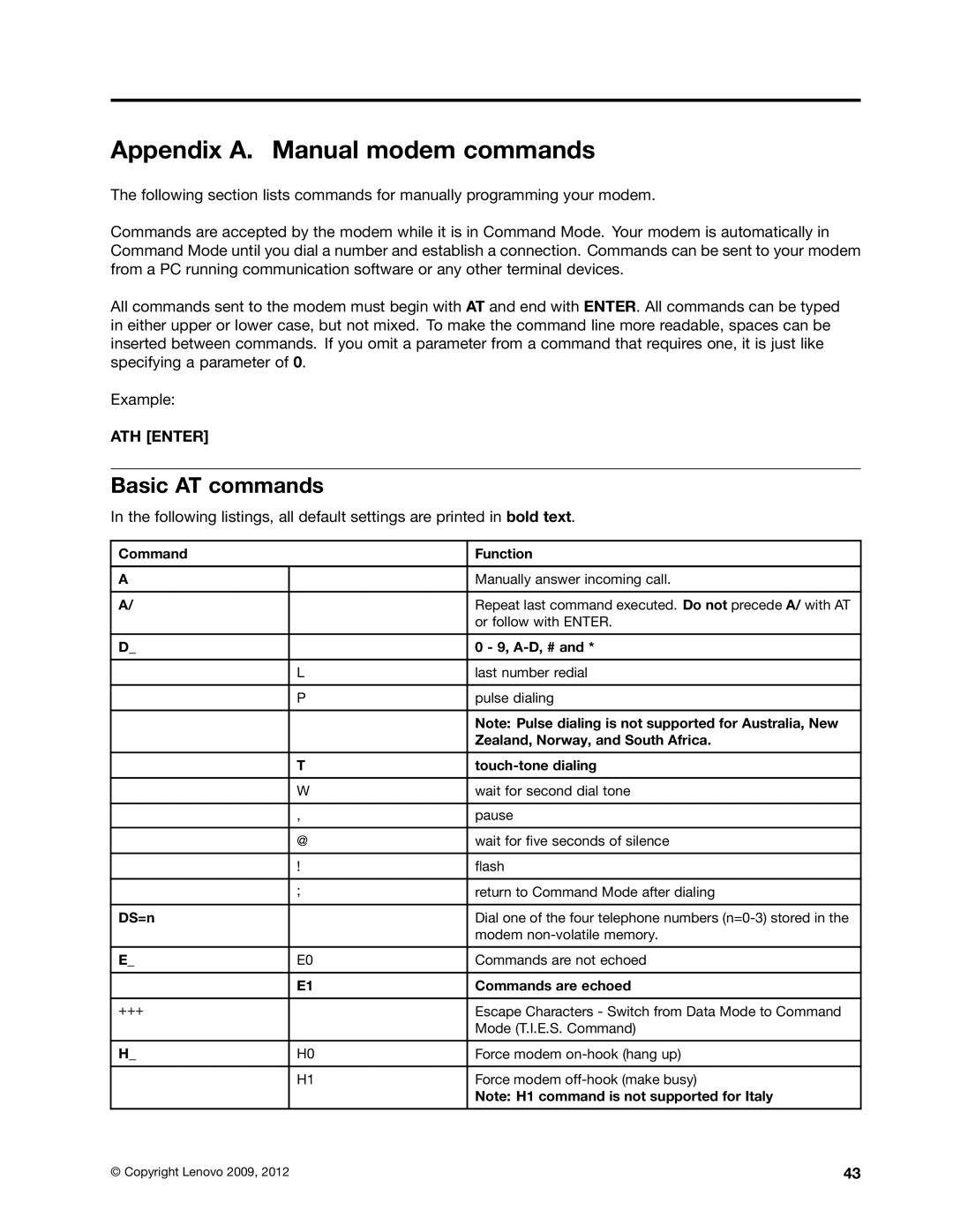 Lenovo 4105, 4157, 4217 manual Appendix A. Manual modem commands, Basic AT commands 