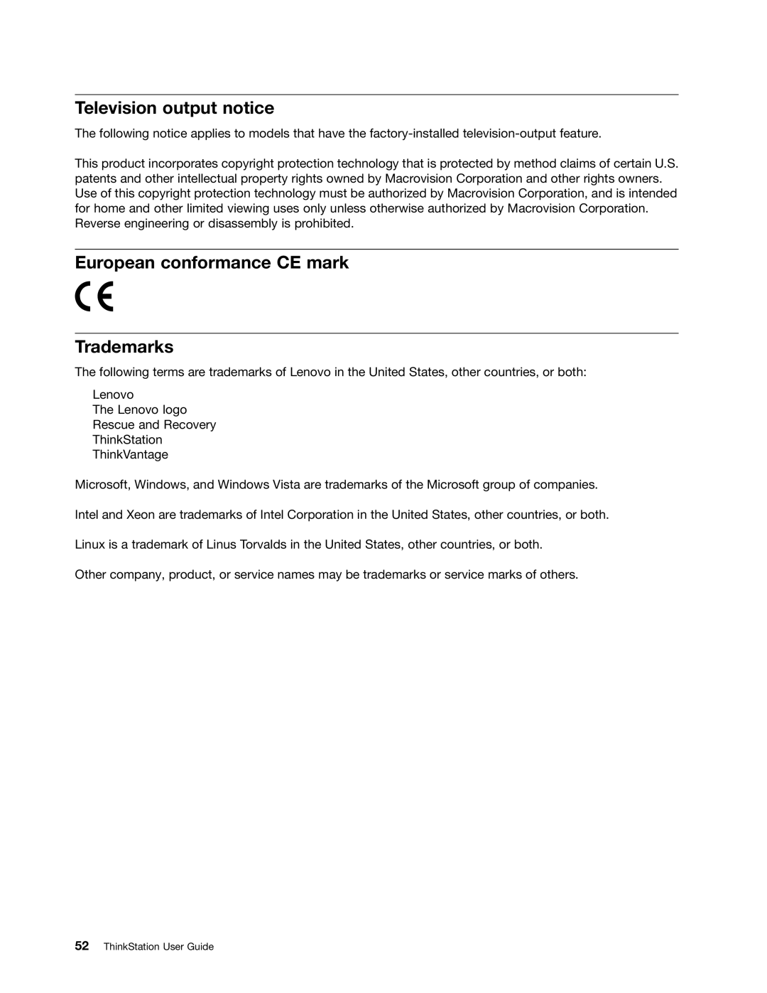 Lenovo 4105, 4157, 4217 manual Television output notice, European conformance CE mark Trademarks 