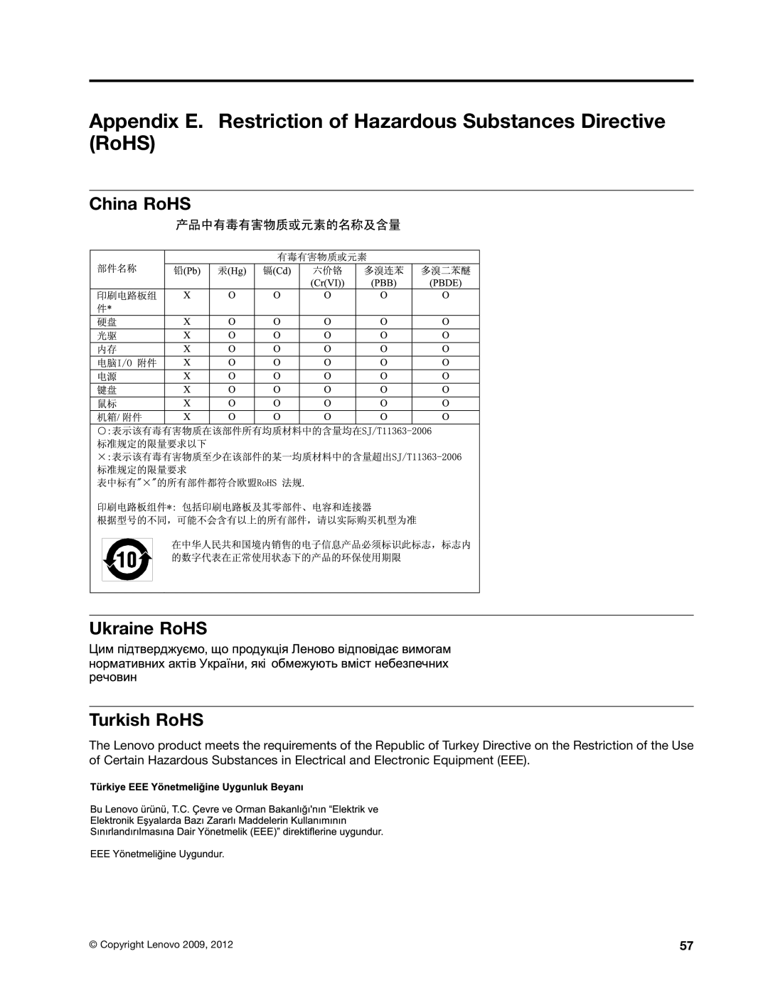 Lenovo 4157, 4105, 4217 manual China RoHS Ukraine RoHS Turkish RoHS 