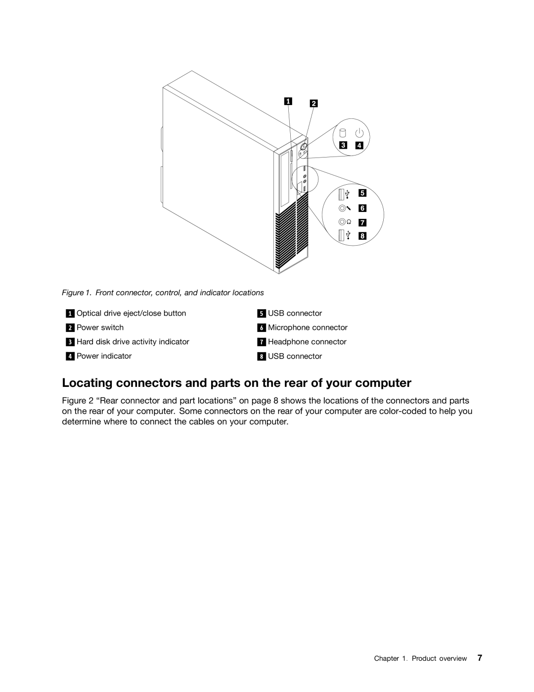 Lenovo 4163 Locating connectors and parts on the rear of your computer, Front connector, control, and indicator locations 