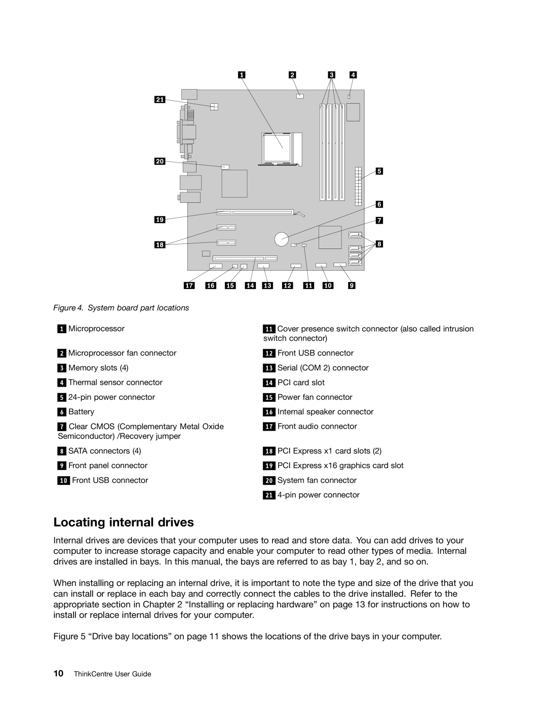 Lenovo 4163, 5042, 5046 manual Locating internal drives, System board part locations 