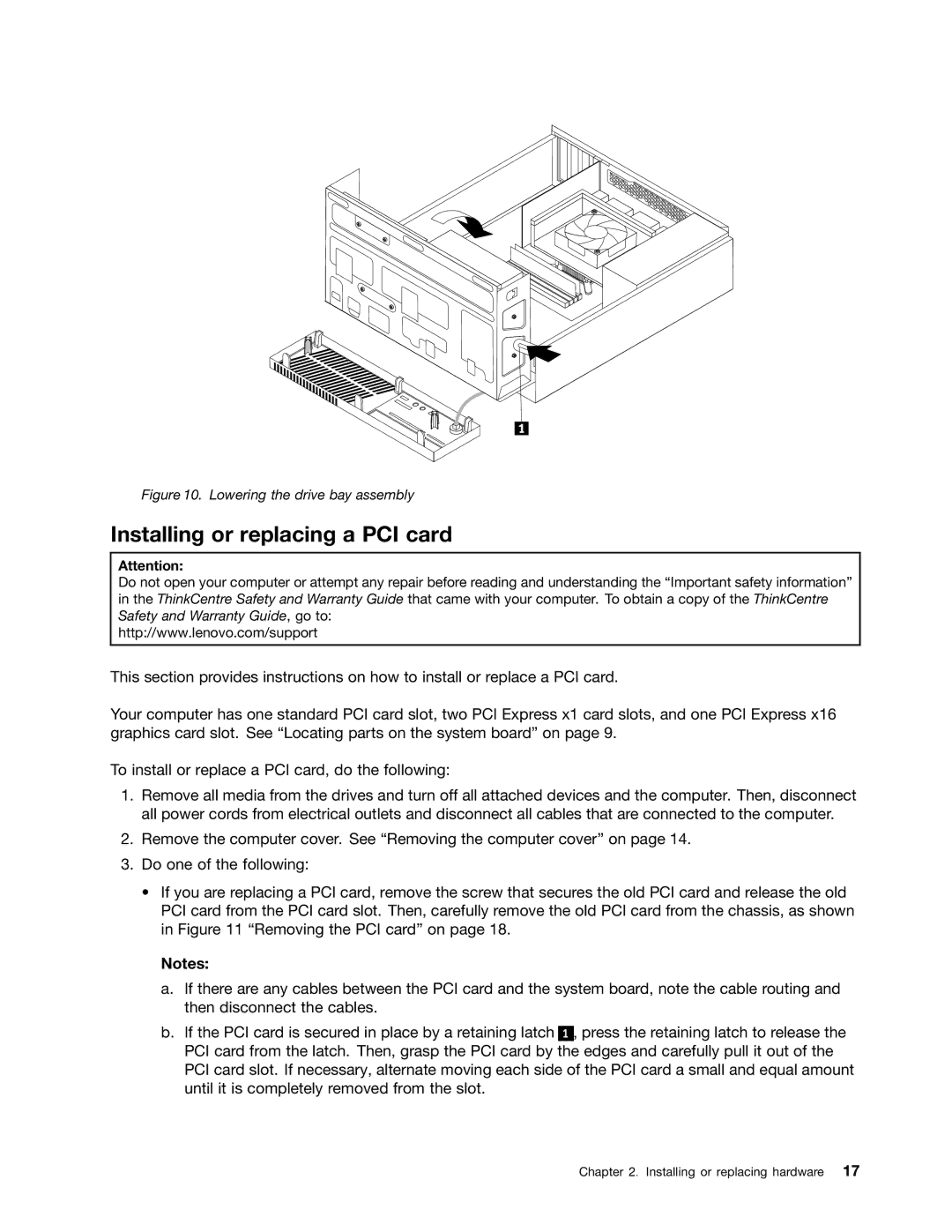 Lenovo 5042, 4163, 5046 manual Installing or replacing a PCI card, Lowering the drive bay assembly 