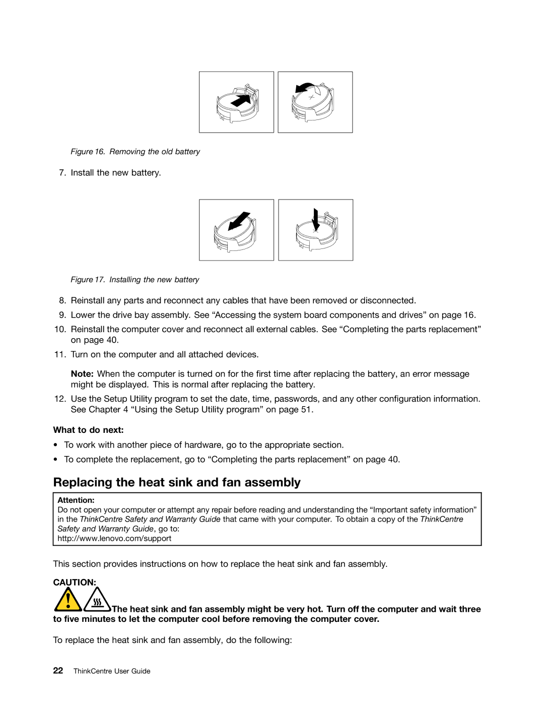 Lenovo 4163, 5042, 5046 manual Replacing the heat sink and fan assembly, Removing the old battery 