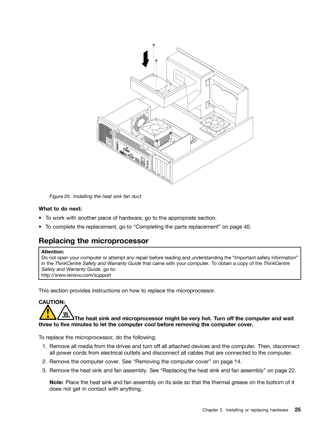 Lenovo 4163, 5042, 5046 manual Replacing the microprocessor, Installing the heat sink fan duct 