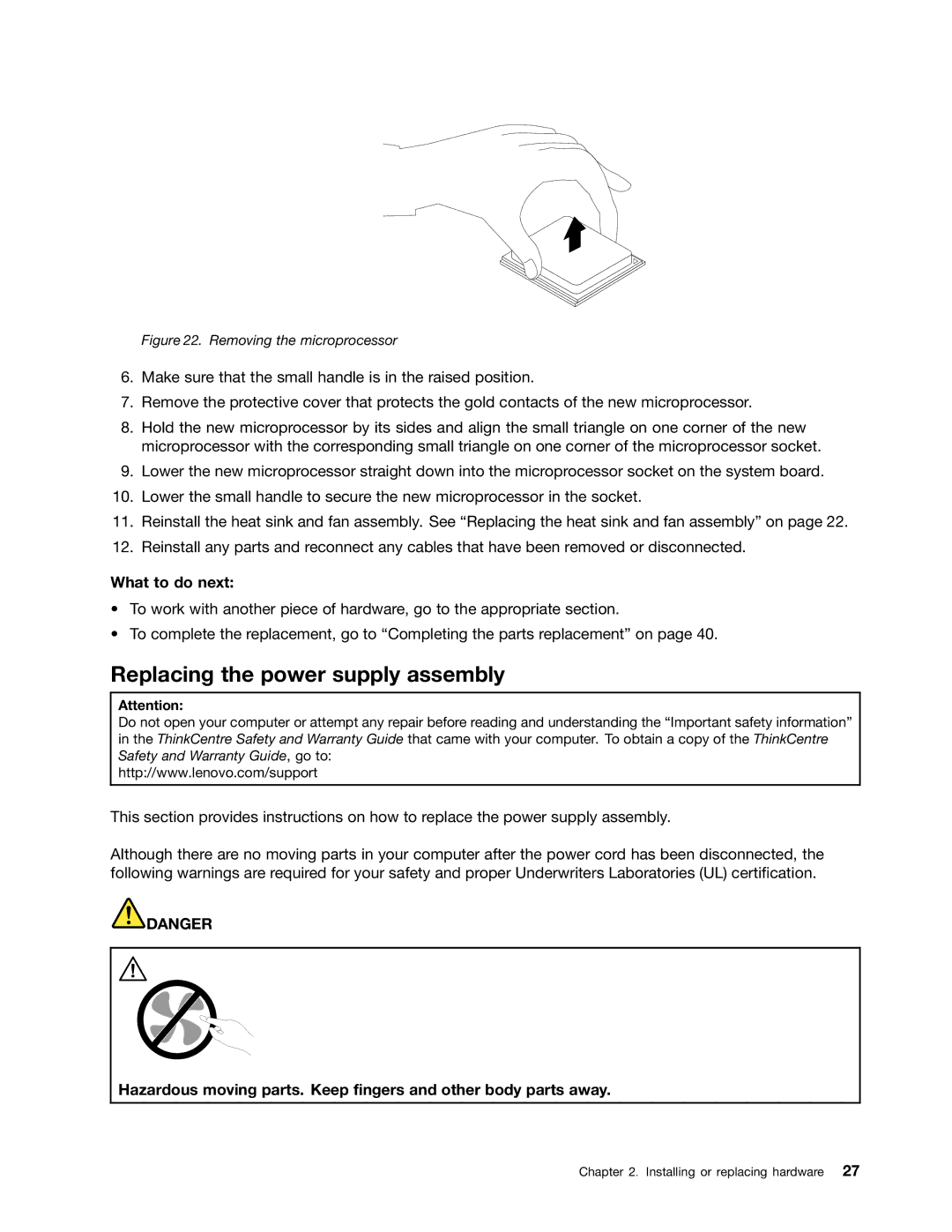 Lenovo 5046, 4163, 5042 manual Replacing the power supply assembly, Removing the microprocessor 