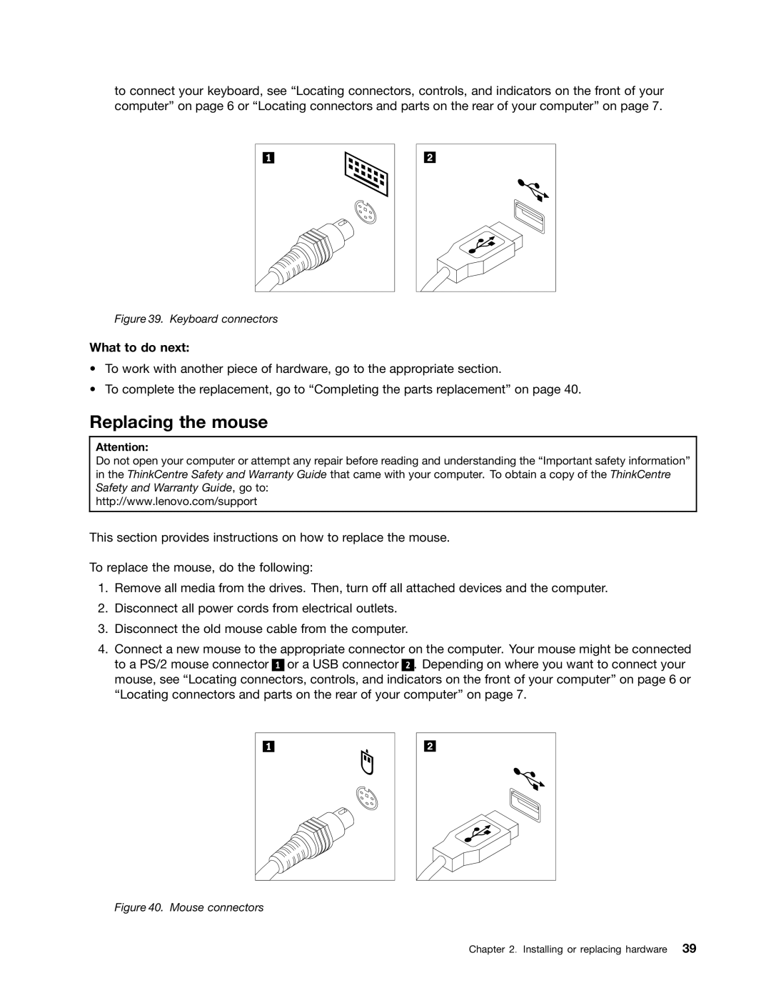 Lenovo 5046, 4163, 5042 manual Replacing the mouse, Keyboard connectors 