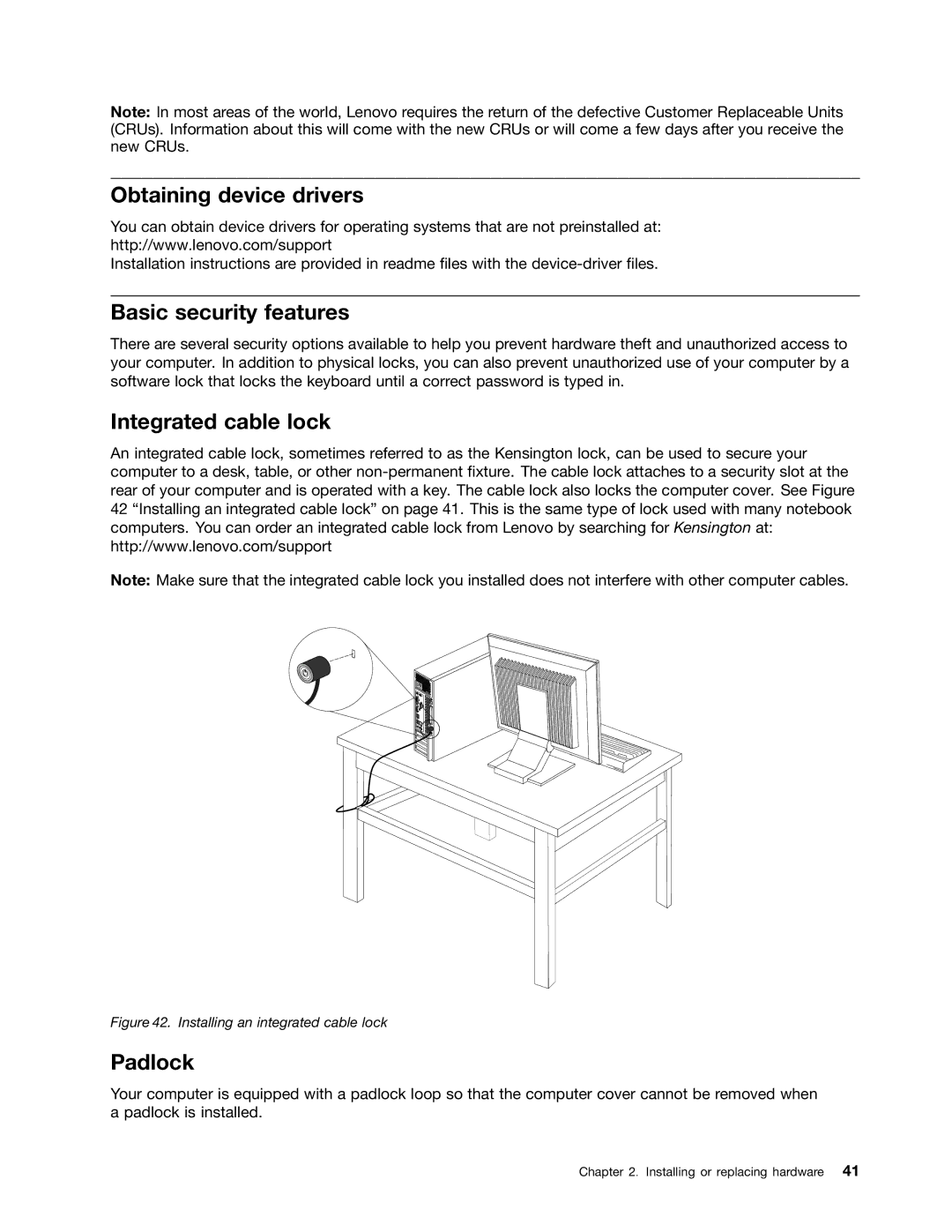 Lenovo 5042, 4163, 5046 manual Obtaining device drivers, Basic security features, Integrated cable lock, Padlock 