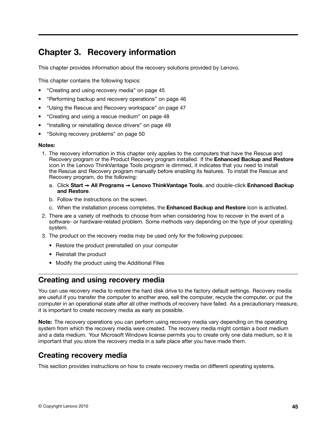 Lenovo 5046, 4163, 5042 manual Recovery information, Creating and using recovery media, Creating recovery media 