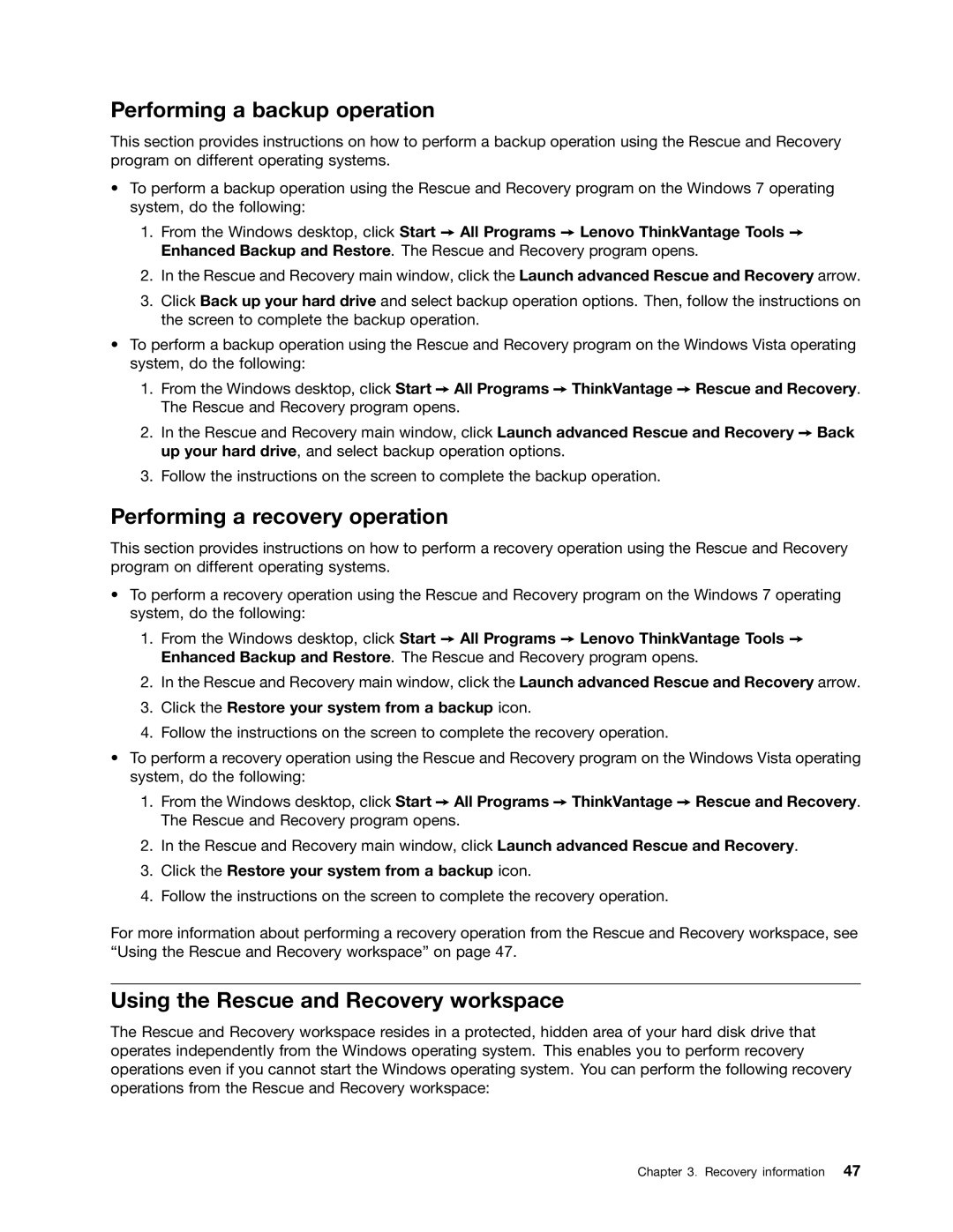 Lenovo 5042, 4163 Performing a backup operation, Performing a recovery operation, Using the Rescue and Recovery workspace 