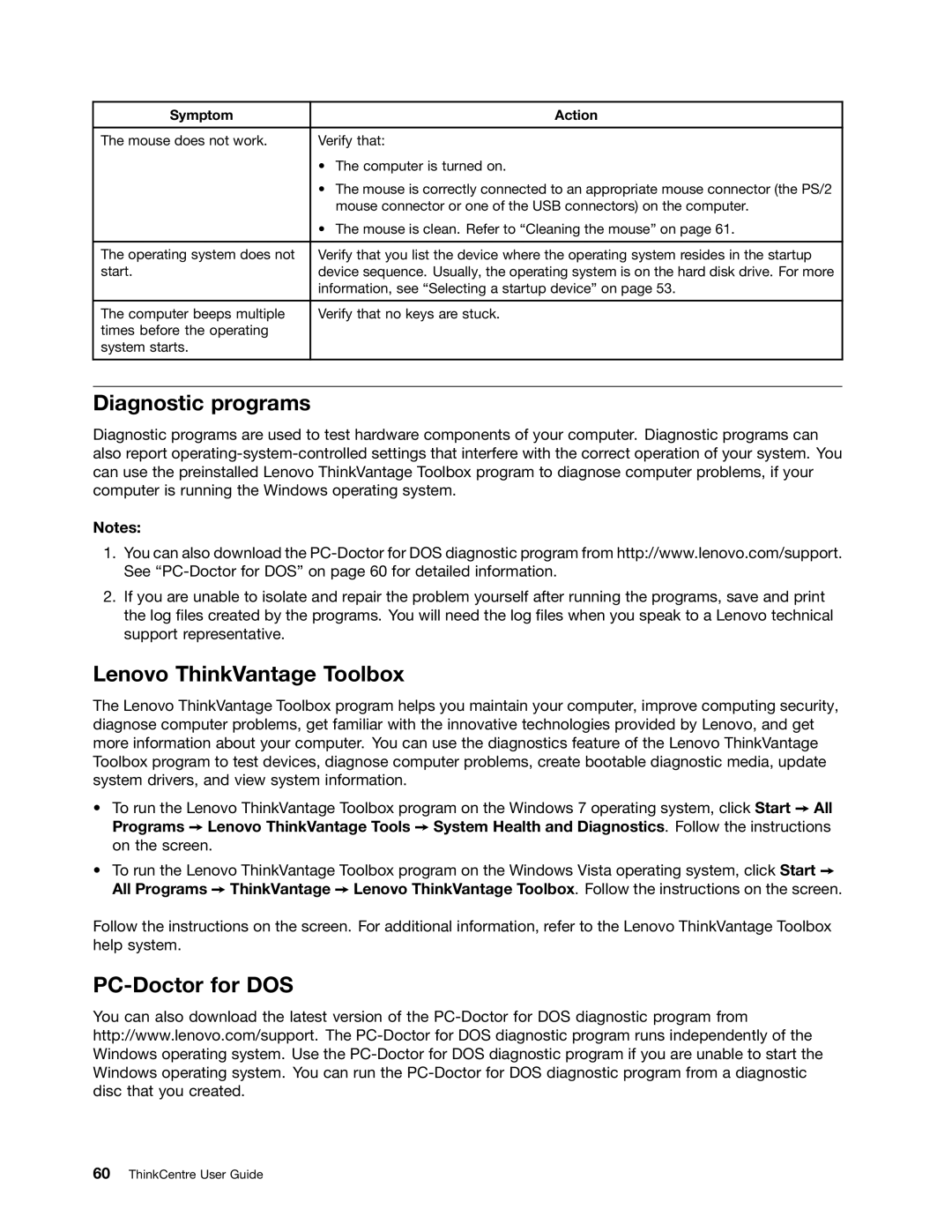 Lenovo 5046, 4163, 5042 manual Diagnostic programs, Lenovo ThinkVantage Toolbox, PC-Doctor for DOS 