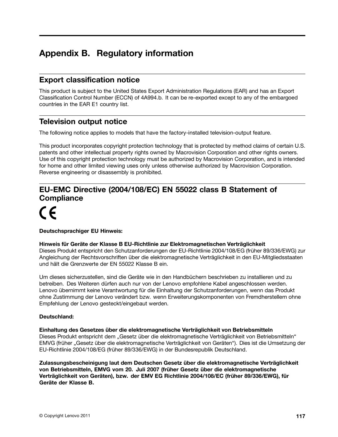 Lenovo 267, 4167, 385, 4164 Appendix B. Regulatory information, Export classification notice, Television output notice, 117 