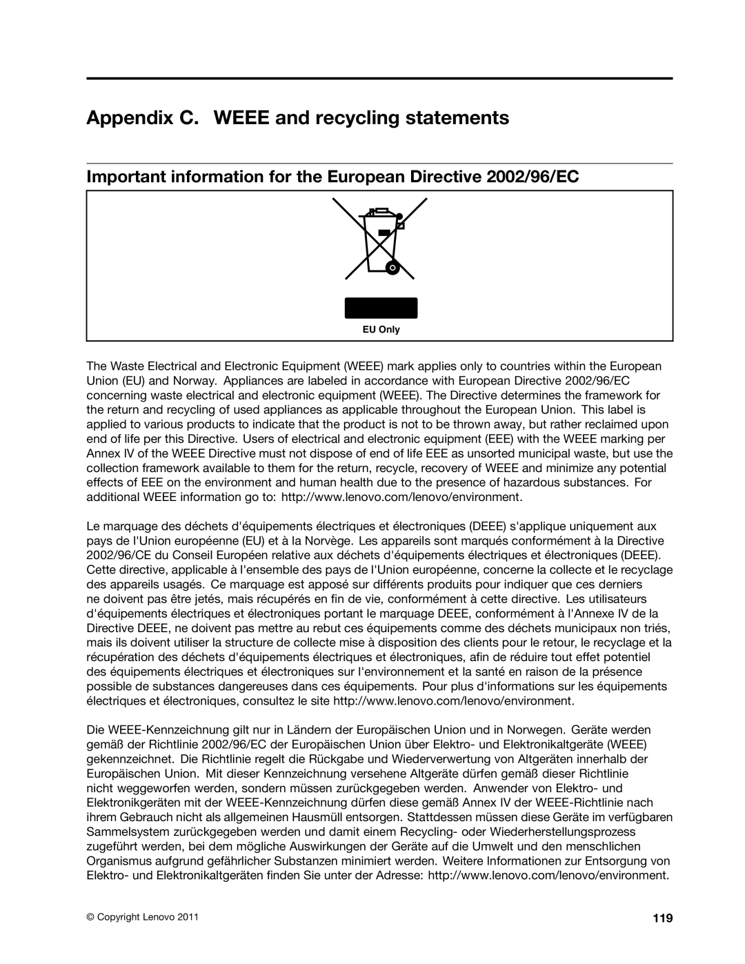 Lenovo 385 Appendix C. Weee and recycling statements, Important information for the European Directive 2002/96/EC, 119 