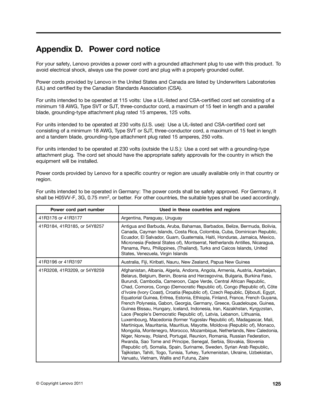 Lenovo 5032, 4167, 385, 4164, 5070, 5049, 7518, 5035, 5025, 267 manual Appendix D. Power cord notice, 125 