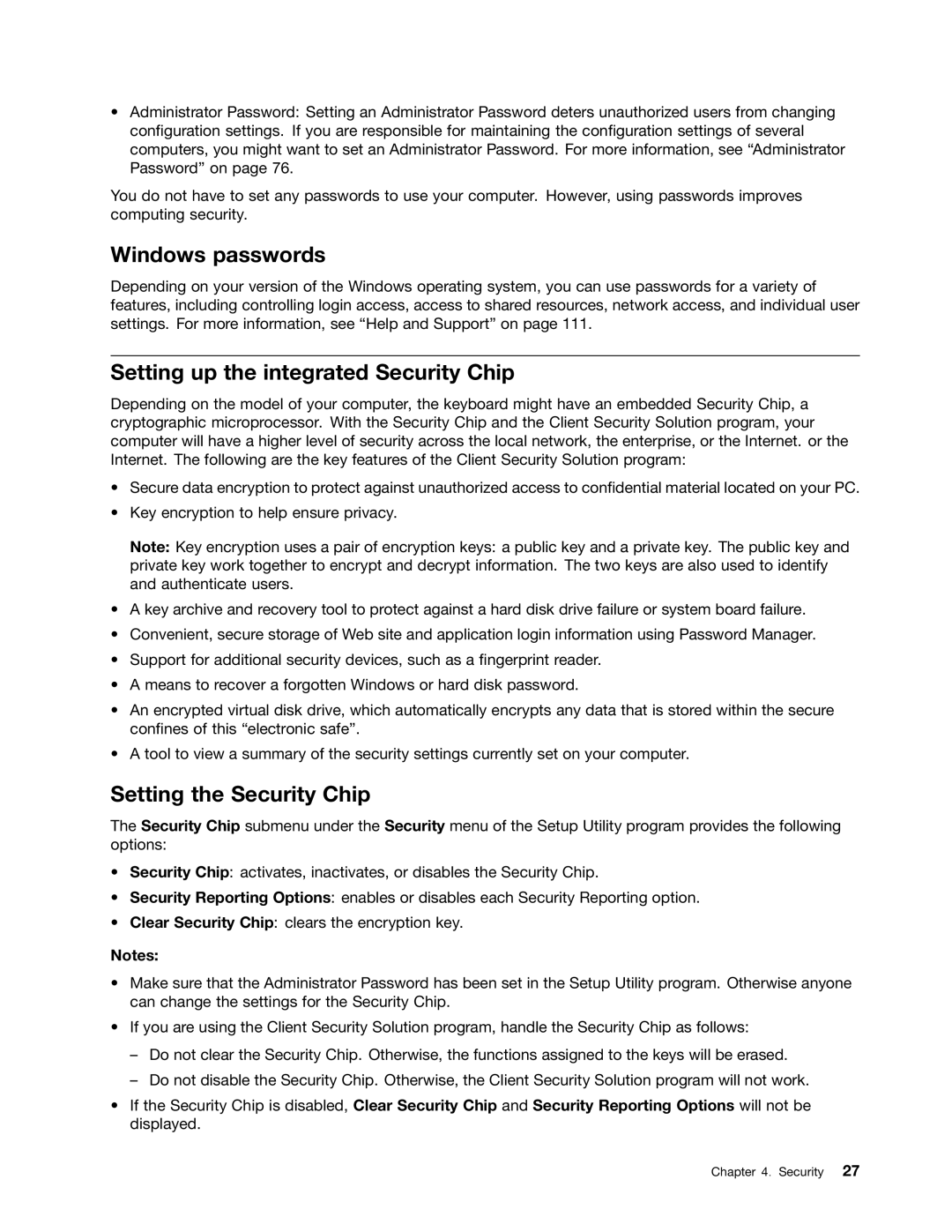 Lenovo 267, 4167, 385, 4164, 5070, 5049 Windows passwords, Setting up the integrated Security Chip, Setting the Security Chip 