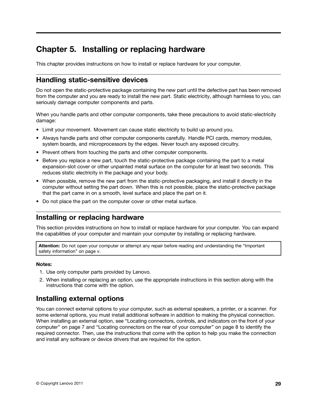 Lenovo 385, 4167, 4164, 267 Installing or replacing hardware, Handling static-sensitive devices, Installing external options 