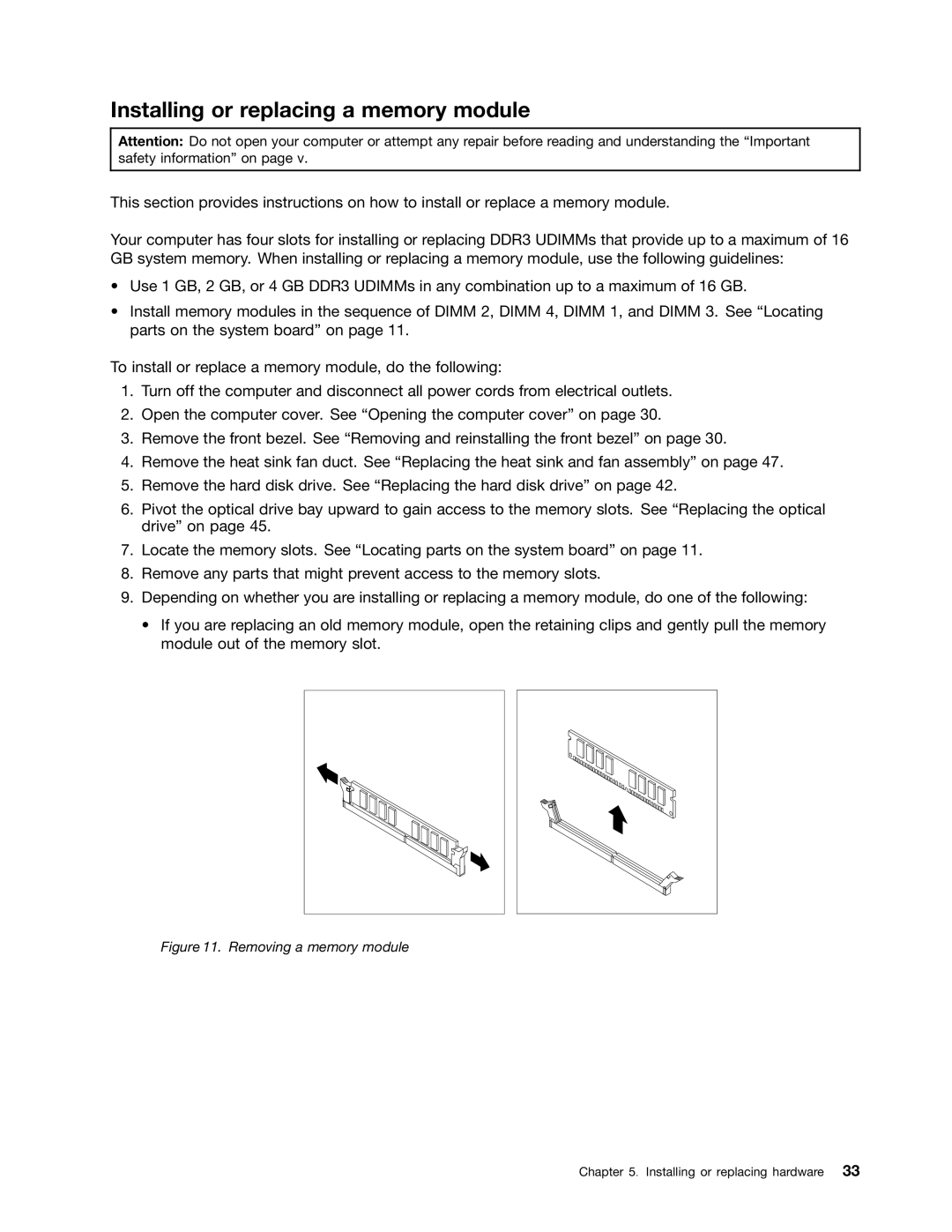 Lenovo 7518, 4167, 385, 4164, 5070, 5049, 5035, 5032, 5025, 267 Installing or replacing a memory module, Removing a memory module 