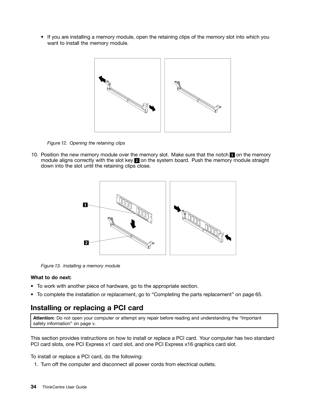 Lenovo 5035, 4167, 385, 4164, 5070, 5049, 7518, 5032, 5025, 267 Installing or replacing a PCI card, Opening the retaining clips 