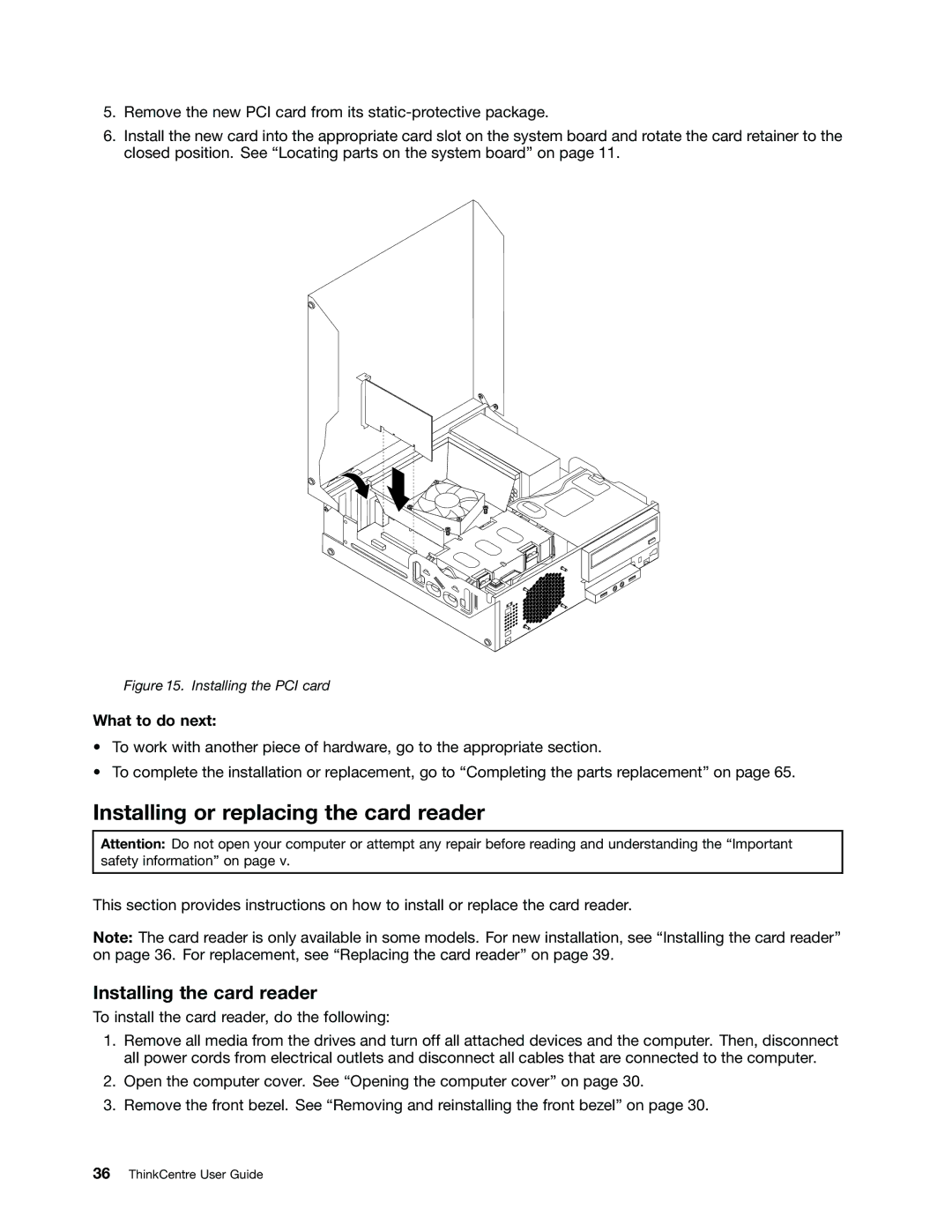 Lenovo 5025, 4167, 385, 4164, 5070, 5049, 7518, 5035, 5032 Installing or replacing the card reader, Installing the card reader 