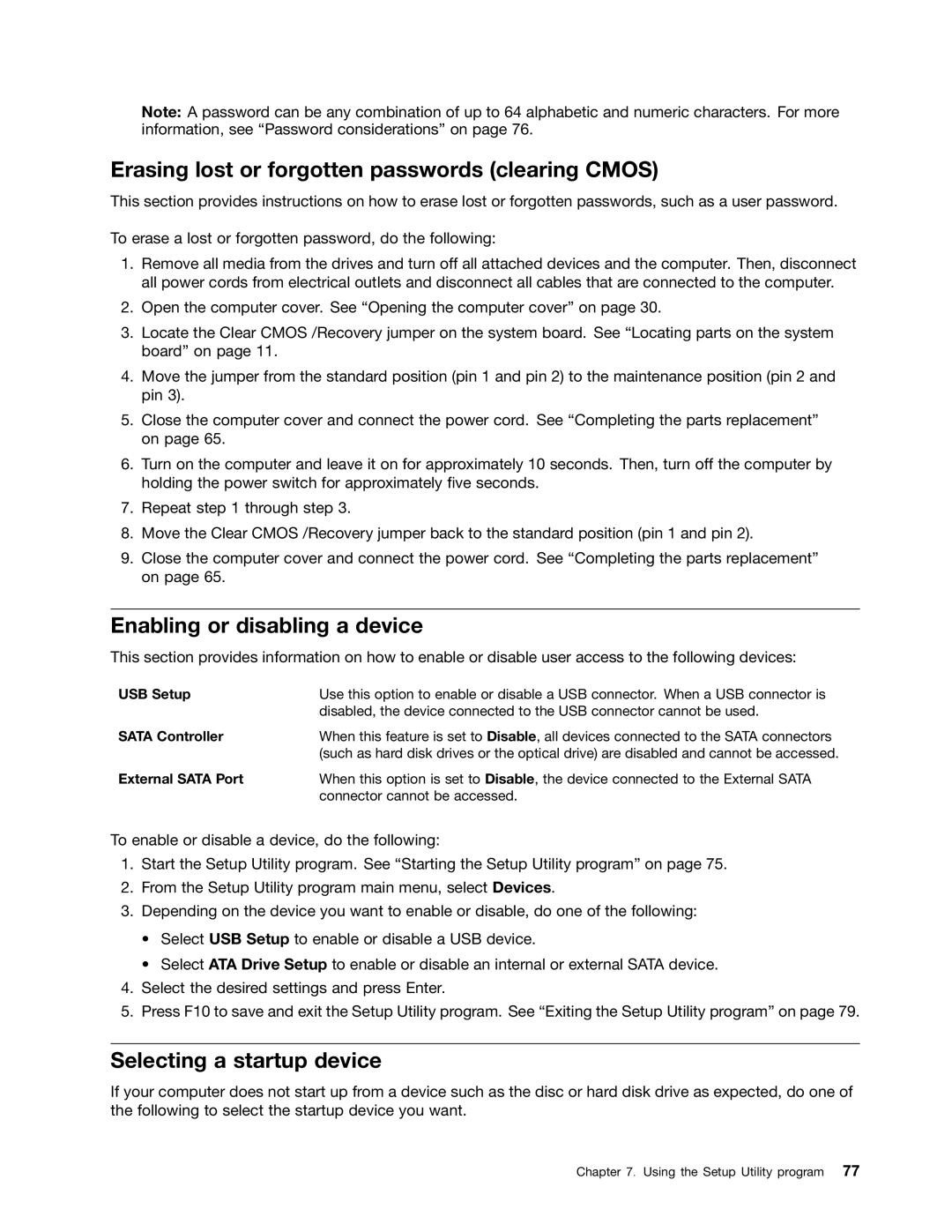 Lenovo 267 Erasing lost or forgotten passwords clearing Cmos, Enabling or disabling a device, Selecting a startup device 