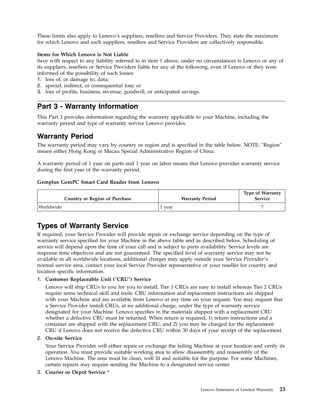 Lenovo 41N3005 manual Part 3 - Warranty Information, Warranty Period, Types of Warranty Service, On-siteService 