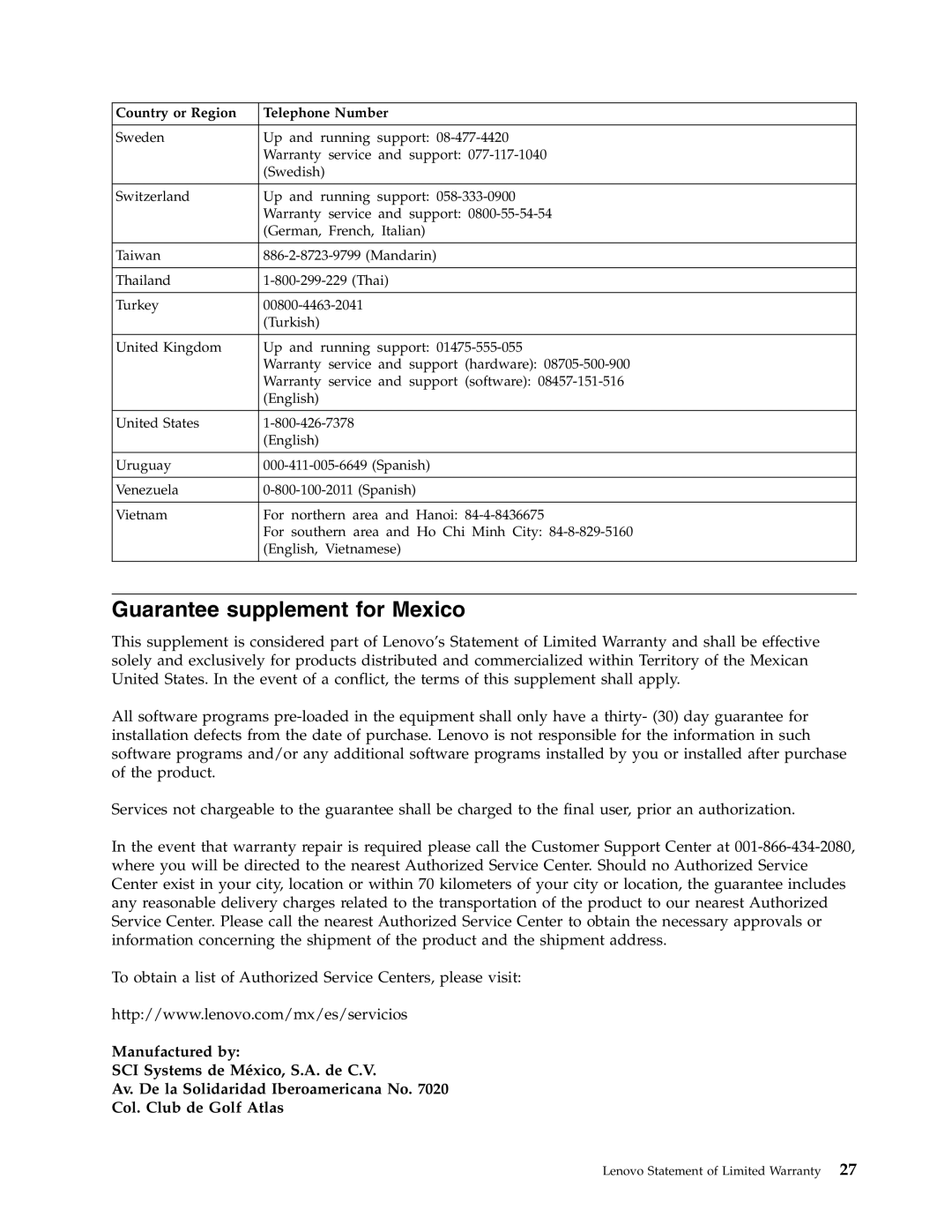 Lenovo 41N3005 manual Guarantee supplement for Mexico, Manufactured by, SCI Systems de México, S.A. de C.V 