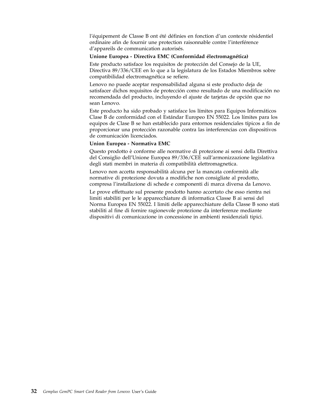 Lenovo 41N3005 manual Union Europea - Normativa EMC 