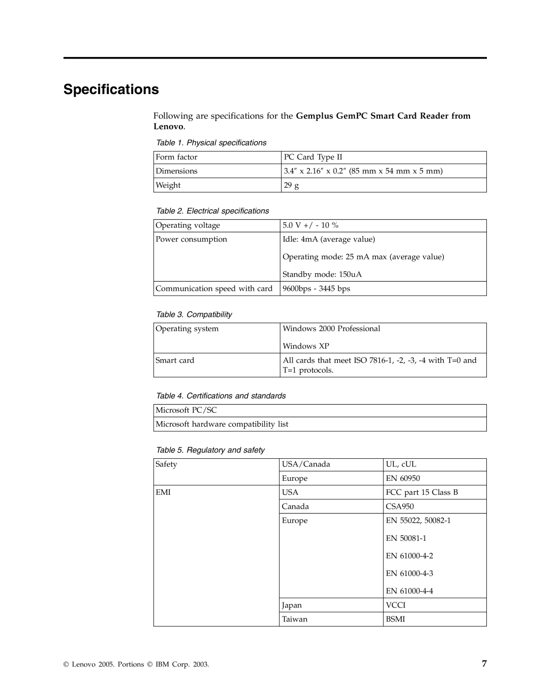 Lenovo 41N3005 manual Specifications, Lenovo 