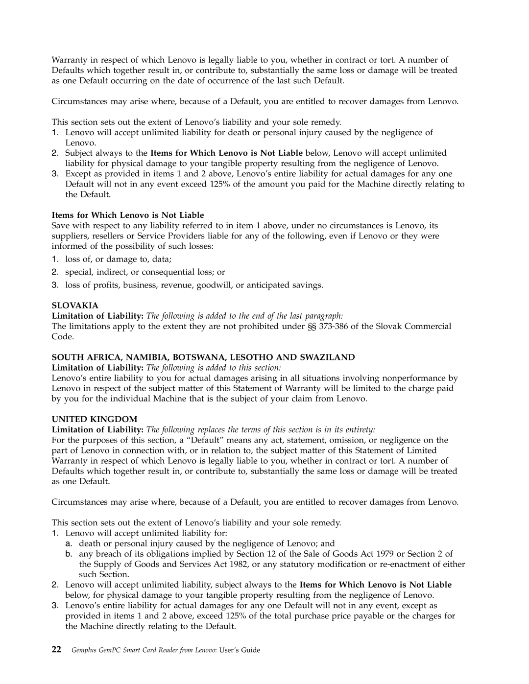 Lenovo 41N3005 Items for Which Lenovo is Not Liable, Slovakia, South AFRICA, NAMIBIA, BOTSWANA, Lesotho and Swaziland 