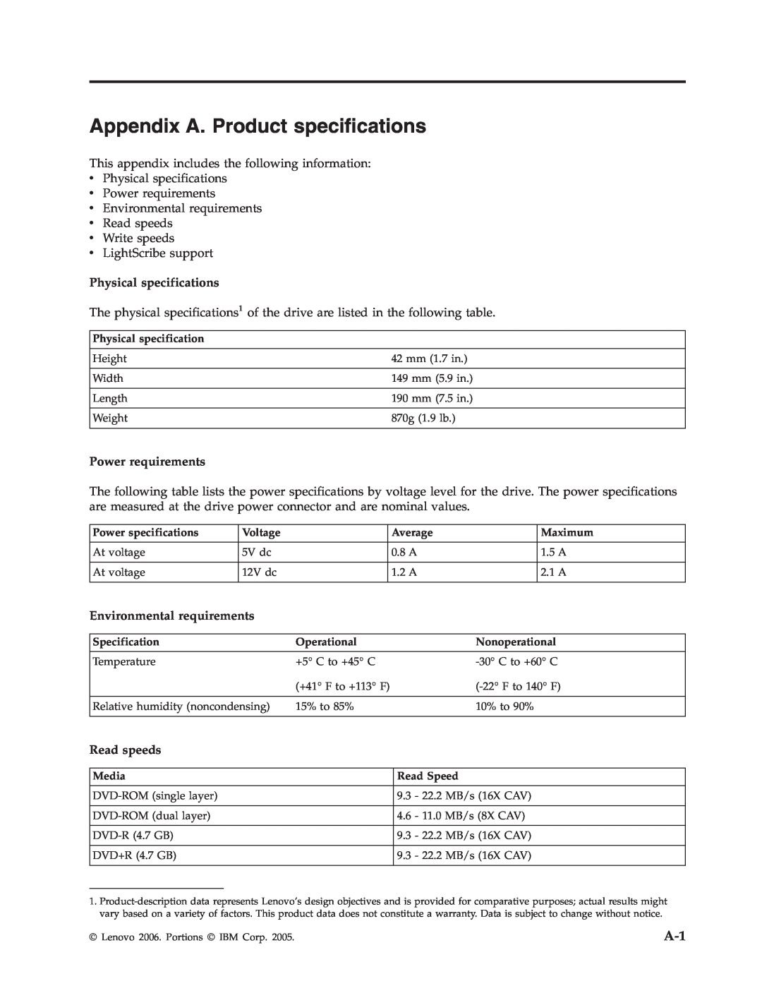 Lenovo 41N5583 Appendix A. Product specifications, Physical specifications, Power requirements, Environmental requirements 