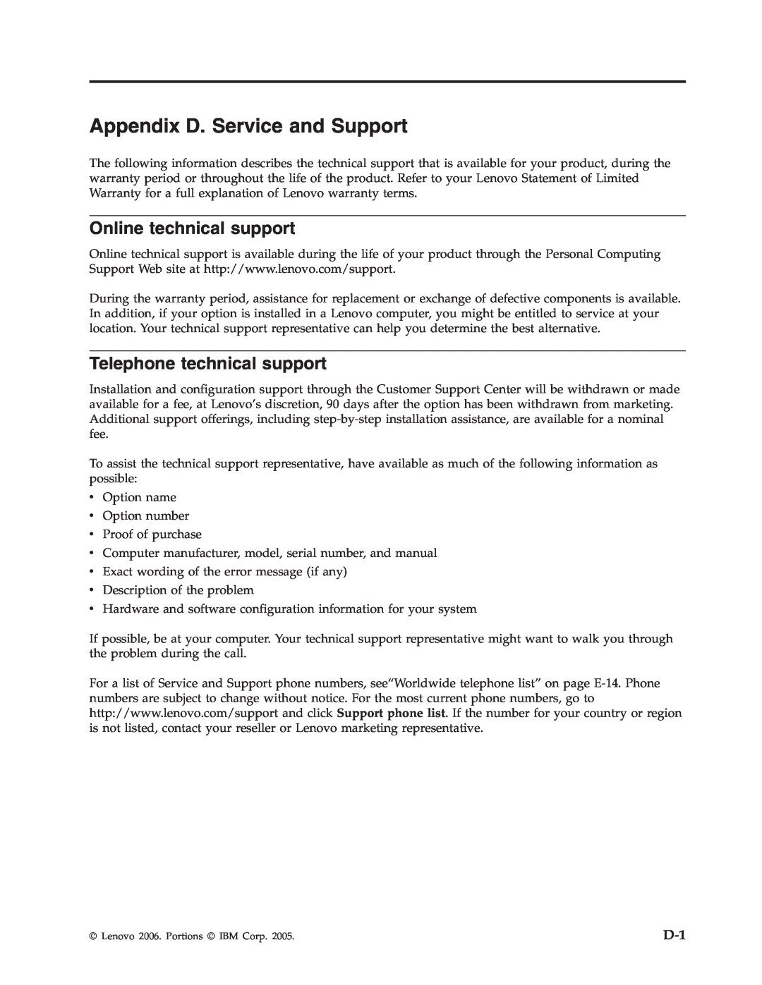 Lenovo 41N5583 manual Appendix D. Service and Support, Online technical support, Telephone technical support 