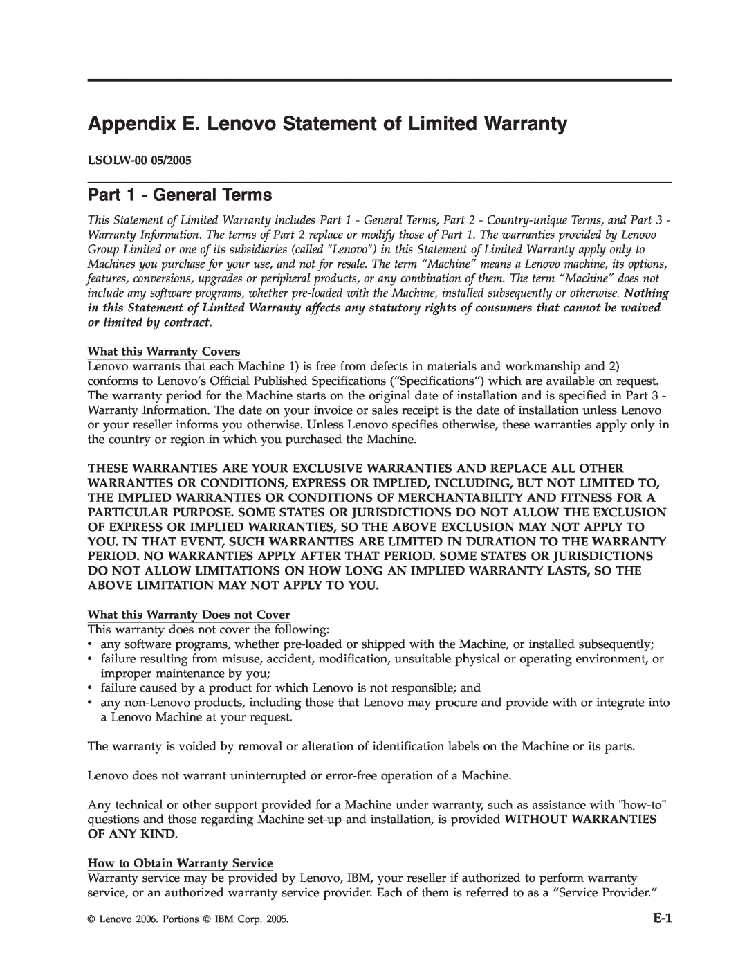 Lenovo 41N5583 manual Appendix E. Lenovo Statement of Limited Warranty, Part 1 - General Terms, LSOLW-0005/2005 