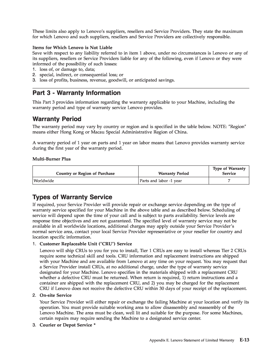 Lenovo 41N5583 Part 3 - Warranty Information, Warranty Period, Types of Warranty Service, Multi-BurnerPlus, On-siteService 