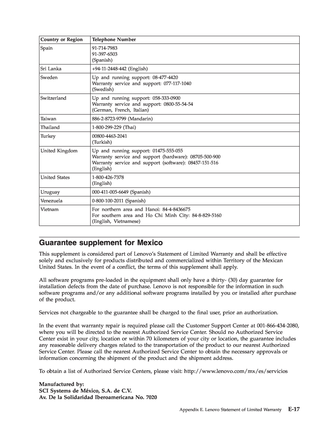 Lenovo 41N5583 manual Guarantee supplement for Mexico, Manufactured by, SCI Systems de México, S.A. de C.V 