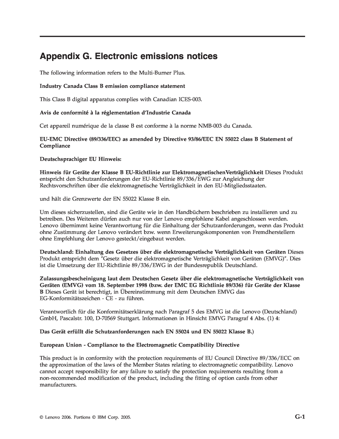 Lenovo 41N5583 manual Appendix G. Electronic emissions notices, Deutschsprachiger EU Hinweis 