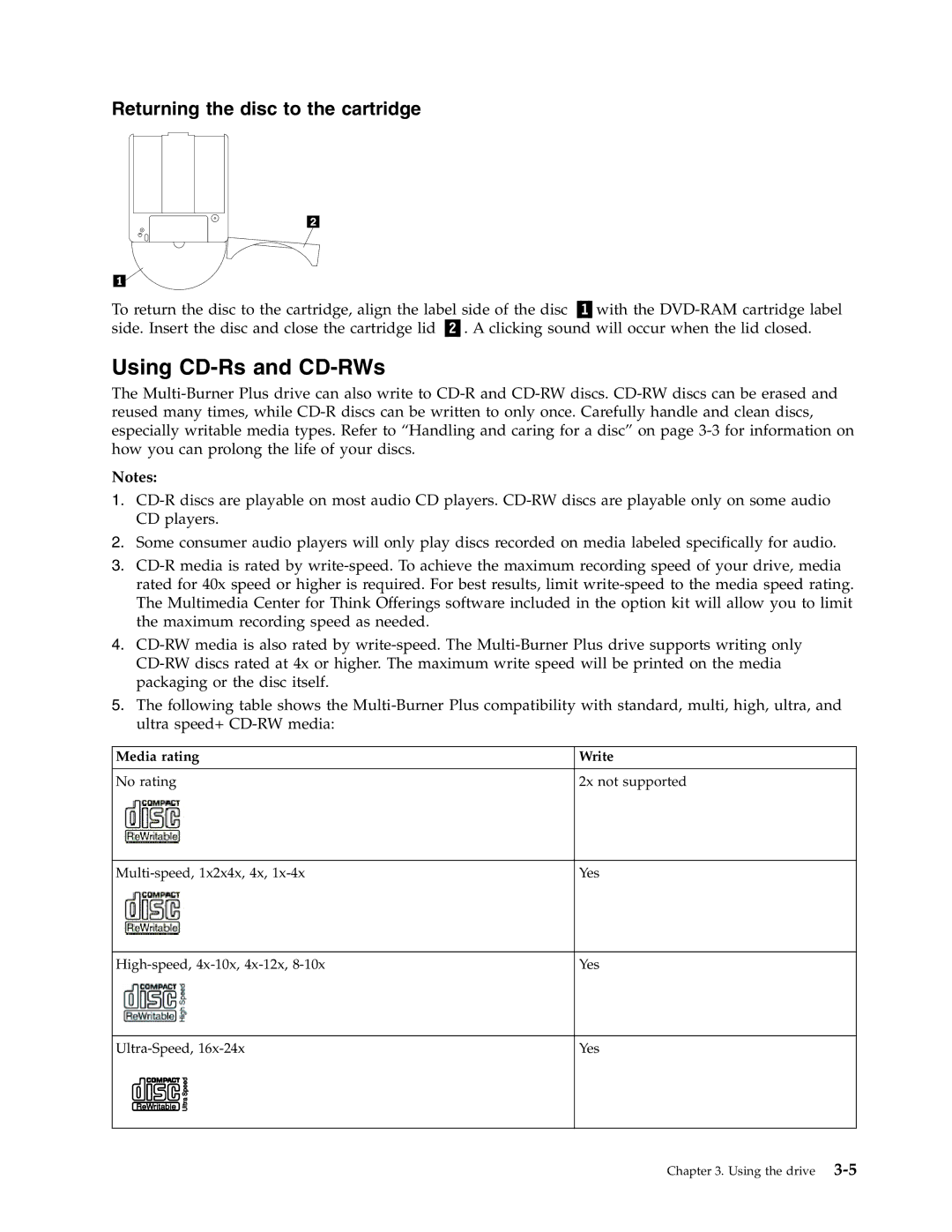 Lenovo 41N5583 manual Using CD-Rs and CD-RWs, Returning the disc to the cartridge 