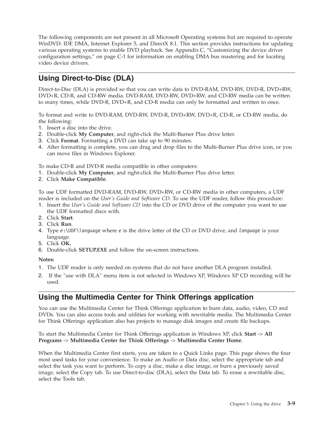 Lenovo 41N5583 manual Using Direct-to-Disc DLA, Using the Multimedia Center for Think Offerings application 