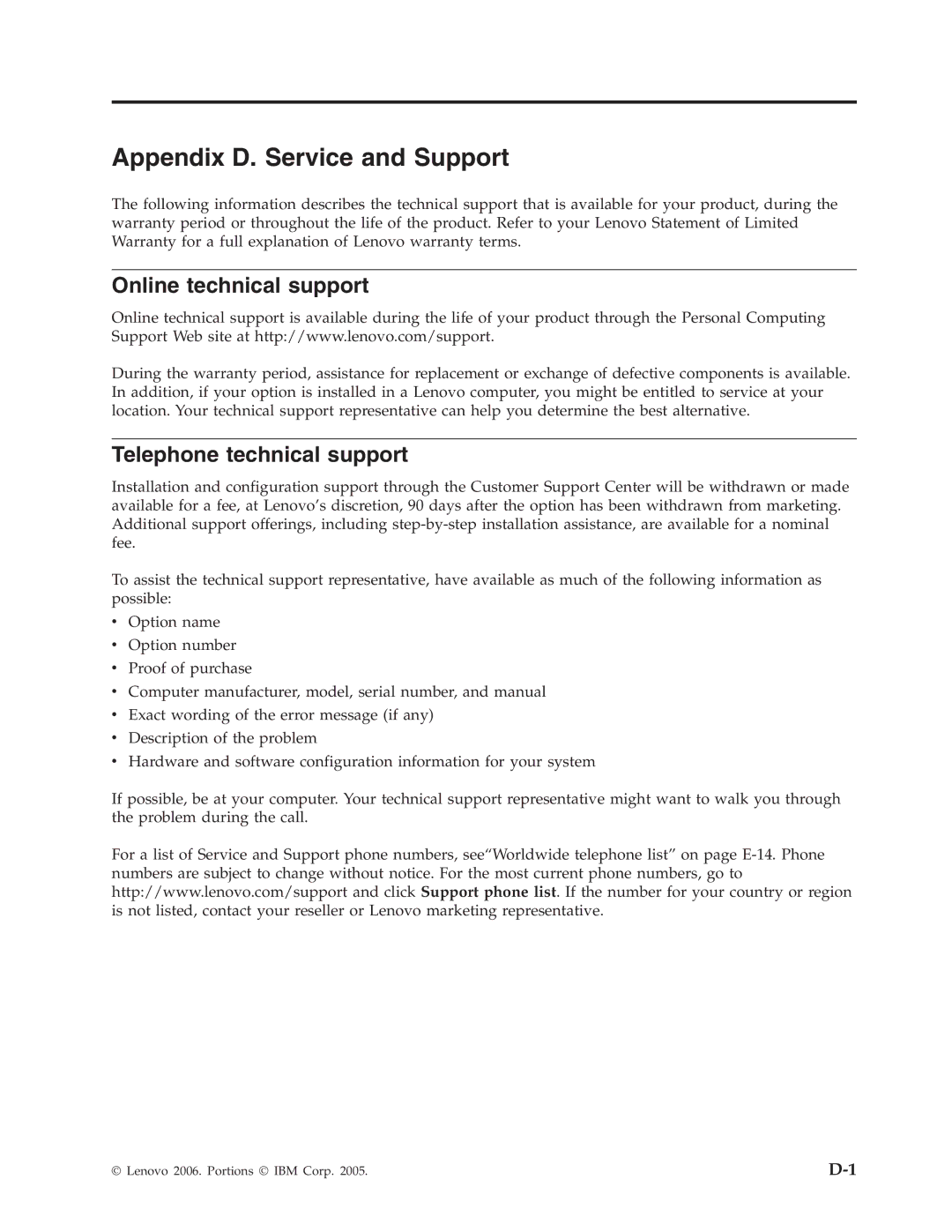 Lenovo 41N5583 manual Appendix D. Service and Support, Online technical support, Telephone technical support 