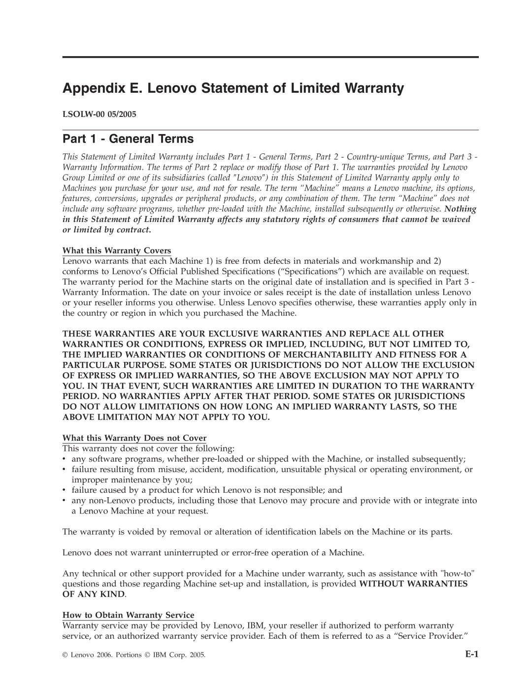 Lenovo 41N5583 manual Appendix E. Lenovo Statement of Limited Warranty, Part 1 General Terms 