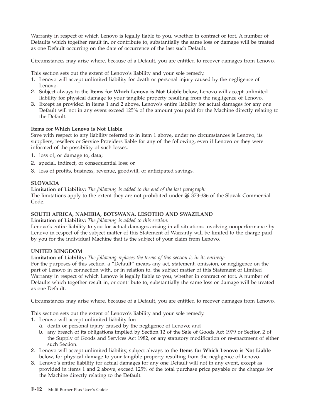 Lenovo 41N5583 Items for Which Lenovo is Not Liable, Slovakia, South AFRICA, NAMIBIA, BOTSWANA, Lesotho and Swaziland 