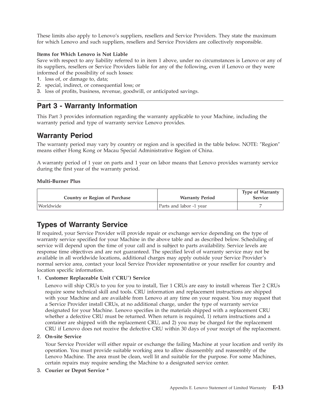 Lenovo 41N5583 manual Part 3 Warranty Information, Warranty Period, Types of Warranty Service 