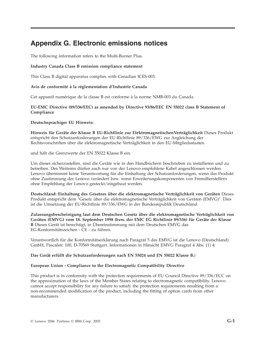 Lenovo 41N5583 manual Appendix G. Electronic emissions notices, Industry Canada Class B emission compliance statement 