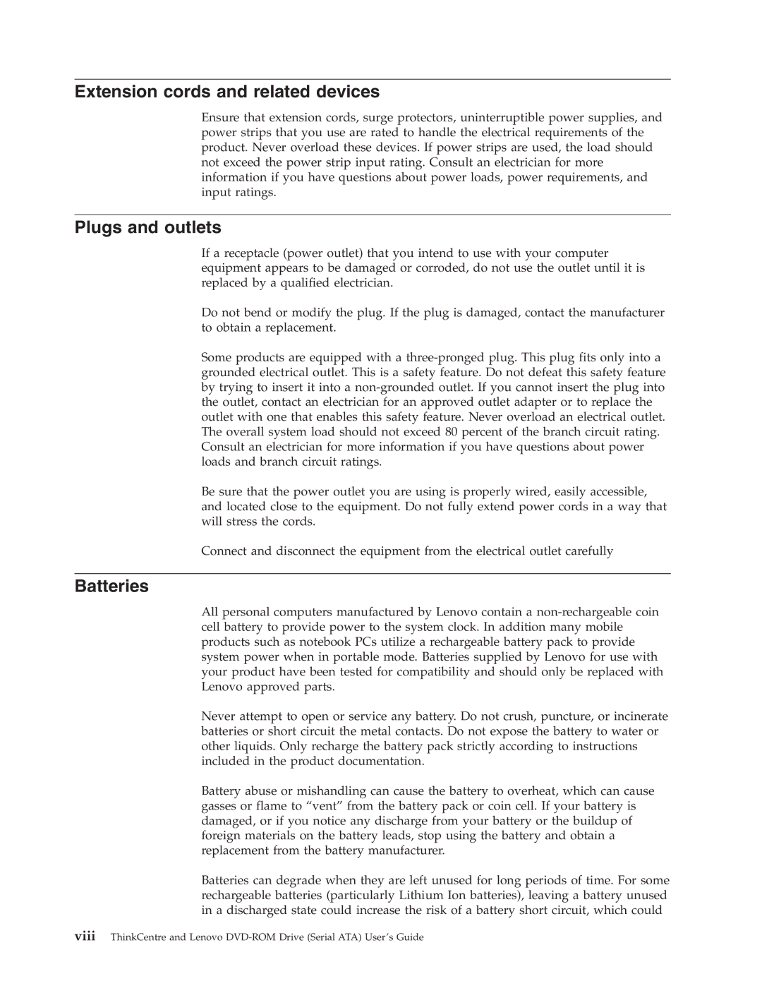 Lenovo 41N5622 manual Extension cords and related devices, Plugs and outlets, Batteries 